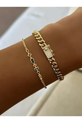 the matdesign Renkli Zirkon Taş Su Yolu Kadın Gold Bileklik 17+5 cm