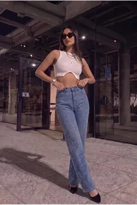 WeShaya Kadın Yeni Sezon A.Mavi Likralı Yüksek Bel Önü Full Taşlı Wide Leg Geniş Paça Jean Kot Pantolon