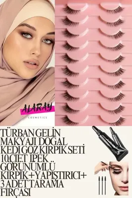 alaraycosmetics TÜRBAN MAKYAJI TAKMA KİRPİK SETI 10CIFT HALF EYELASH+YAPIŞTIRICI+3 ADET TARAMA FIRÇASI