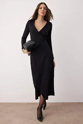 TRENDYOLMİLLA Siyah Düz Maxi Kruvaze Detaylı Triko Uzun Elbise TWOAW26EL00152