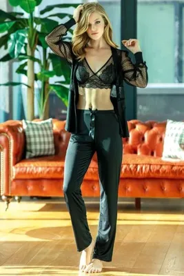 Anıl Dantelli Braletli Sabahlık Pantolon 3 Lü Pijama Takımı Yeni Sezon