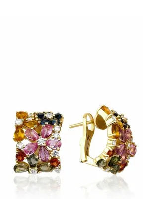 Mov Diamond Yuse Rainbow Çiçek Safir ve Pırlantalı 14 Ayar Altın Kadın Küpe