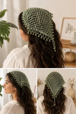 Sofya Home Studio Kadın El Örgüsü Boncuklu Bandana – Adaçayı Yeşili Bohem Saç Aksesuarı