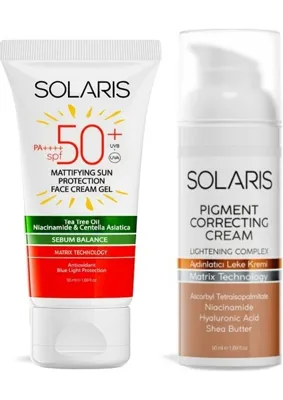 Solaris Yağlı Cilt Tipleri Için Mat Bitişli Jel Güneş Kremi Spf 50+ (50 Ml) ve Aydınlatıcı Leke Kremi 50 ml