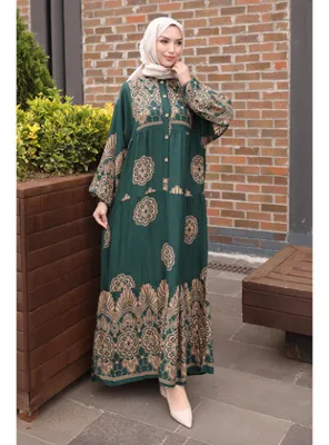 İmajButik Zümrüt Yarım Düğmeli Kol Lastikli Viskon Elbise