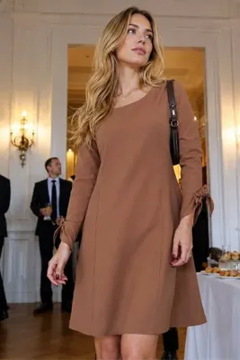 armonika Kadın Camel Sıfır Yaka Kolları Büzgülü Kulplu Uzun Kol Elbise ARM-26K001033