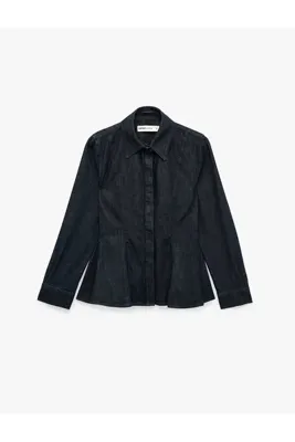 Koton Pamuklu Uzun Kollu Klasik Yaka Düğmeli Peplum Denim Gömlek