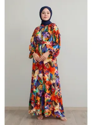 InStyle Kemerli Çiçekli Oranj Viskon Elbise