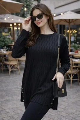 Fresh&Moda Kadın Merserize Yırtmaçlı Genç Anne Mevsimlik Kazak