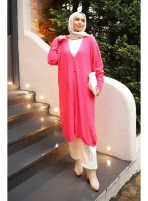İmajButik Fuşya Düğmeli Uzun Triko Merserize Hırka