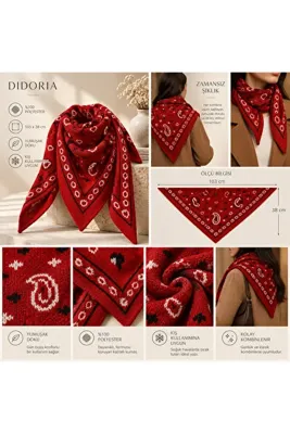 Didoria Accessory Kadın Bandana Desenli Triko Üçgen Şal Paisley Fular Kışlık Boyun Atkısı 103x38 cm - Kahverengi