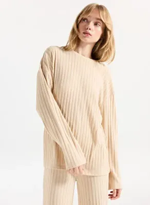 People By Fabrika Bej Kadın Bisiklet Yaka Loose Fit Armürlü Kazak PBF5WL-KZK9529