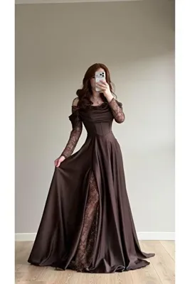 ayşenur Dinçer butik Royal Dantel Detaylı Kahverengi Abiye