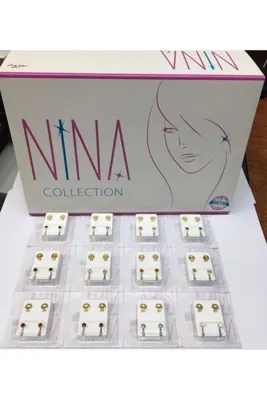 nina Kulak Delme Küpesi 24 Adet (12 Çift / 1 Plaka) Sarıya Karışık Taşlı