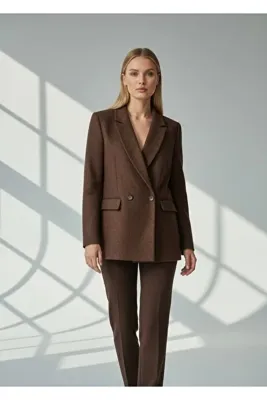 CEK mağazacılık Kadın Kahverengi Kaşe Kruvaze Oversize Blazer Ceket