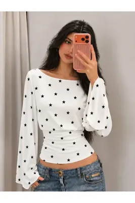 WEEST MODA beyaz Kadın Yıldız Desenli Kayık Yaka İspanyol Kol Beli Oturtmalı Bluz