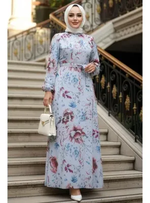Neva Style Çiçek Desenli Gri Tesettür Elbise 27963GR