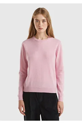 United Colors of Benetton Kadın Pembe Bisiklet Yaka %100 Merino Kazak
