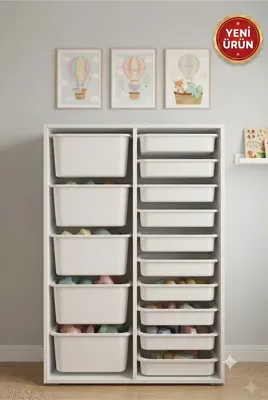 Decosense 5 Adet Büyük 10 Adet Orta Boy Çekmeceli 136 Cm Beyaz Çocuk Odası Oyuncak Dolabı Ve Çok Amaçlı Saklama Ünitesi - Depolayıcı Düzenleyici Organizer