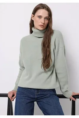 Colins Regular Fit Balıkçı Yaka Düz Kadın Yeşil Kazak