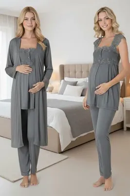lohusahamile Dantel Sabahlıklı Pamuklu Hamile Lohusa Pijama Takımı