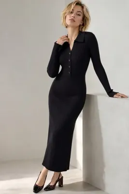 Noi Belis Polo Yaka Düğmeli Fitilli Slim Fit Uzun Kollu Maxi Triko Elbise AW26EL0003