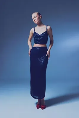 Sateen Fermuarlı Karolin Midi Etek - Lacivert