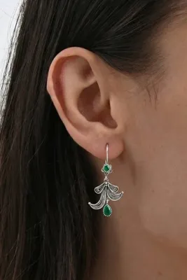 Söğütlü Silver 925 Ayar Gümüş Küpe Oksitli Yeşil Damla Taşlı Lale Motifli Telkari Küpe SGTL13240YESIL