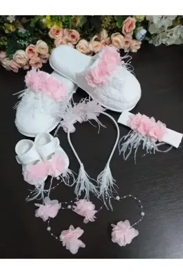 Lohussa Pudra Inci Taşlı Çiçekli Lohusa Hamile Taç, Terlik,bandana,bebek Patik Seti