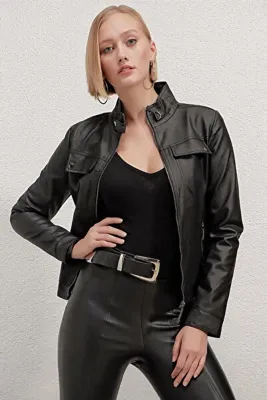 hazelin Kadın Siyah Dik Yaka Suni Deri Ceket HZL22W-BD110241