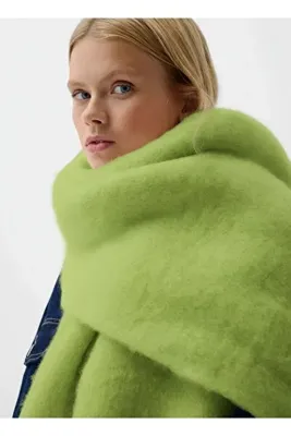 Paragon Puffy Yumuşak Kalın Püsküllü Atkı Omuz Şalı - Limon Yeşili / Oversize Kışlık Atkı (190x50 cm)