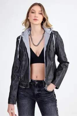 Vitrin Kapüşonlu Suni Deri Crop Biker Ceket