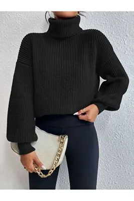 dgs look Kadın Siyah Boğazlı Oversize Triko Kazak Fitilli Dökümlü Yumuşak Dokulu Pamuklu Balıkçı Yaka