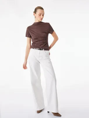 Koton Modal Karışımlı Slim Fit Drape Detaylı Dik Yaka Kısa Kollu Tişört