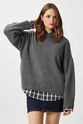 Ritnice Pntrst Antrasit Bisiklet Yaka Oversize Triko Kazak