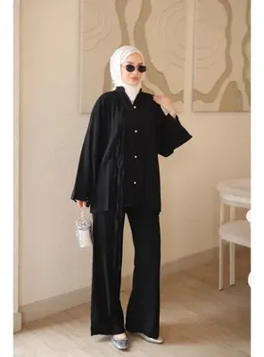 İmaj Butik Siyah Bağcık Detaylı Tunik Pantolonlu Takım