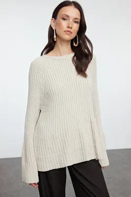 TRENDYOLMİLLA More Sustainable Taş Geniş Kalıp Peplum Detaylı Pamuklu Triko Kazak TWOAW25KZ00305