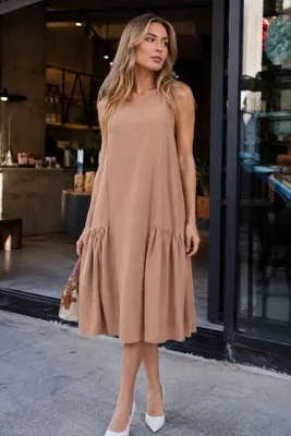armonika Kadın Vizon Yanları Büzgülü Kolsuz Midi Boy Elbise ARM-26Y001124