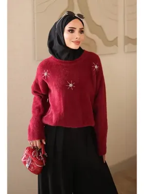 İmaj Butik Bordo Bisiklet Yaka Taşlı Angora Yumoş Triko Kazak
