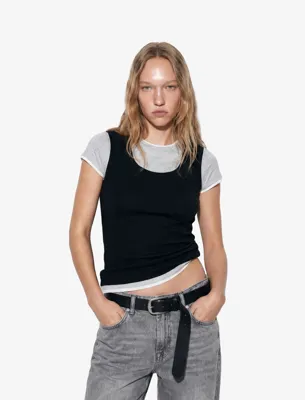 Koton Slim Fit Bisiklet Yaka Katmanlı Viskon Karışımlı Kısa Kollu Tişört