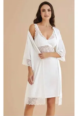 Duchesse 2075  EKRU  PENYE DANTELLİ  GECELİK SABAHLIK TAKIM