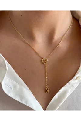 Gleemy accesories Kişiye Özel Harf Detaylı Kalpli Y Kolye -Gold Zarif Kadın Kolye
