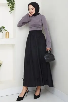 InStyle Fiyonk Detay Beli Lastikli Siyah Etek