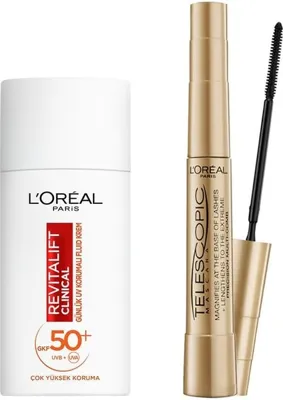 Myg Plus L’oréal Paris Telescopic Maskara - Siyah & Revitalift Clinical Spf 50+ Günlük Yüksek Uv Korumalı Yüz Güneş Kremi 50 ml Set