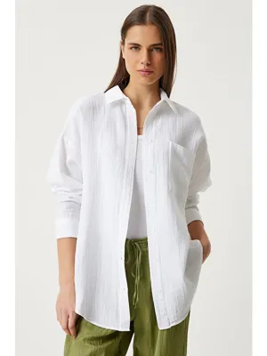 Happiness İstanbul Oversize Basic Müslin Gömlek BEYAZ LMX0002