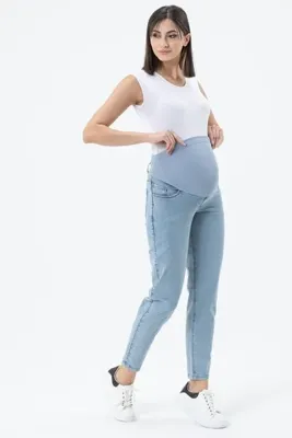 BUSA Hamile Esnek Karın Bantlı Mom Fit Kot Pantolon TAŞ MAVİ