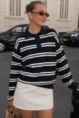 Madmext Lacivert Polo Yaka Çizgili Kadın Triko Kazak Mg2469