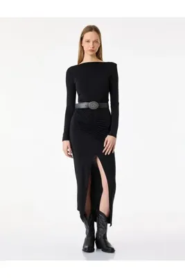 Koton Slim Fit Drapeli Uzun Kollu Bisiklet Yaka Yırtmaçlı Maxi Elbise