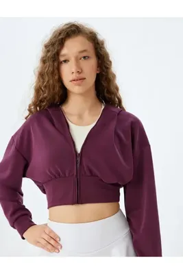 Koton Crop Kapüşonlu Sweatshirt Fermuarlı Kalın Modal Kumaş Rahat Kalıp