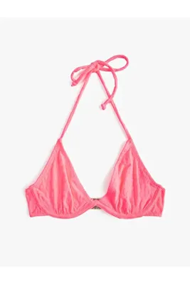 Koton Üçgen Bikini Üstü Balenli Çiçek Dokulu Boyundan Bağlamalı